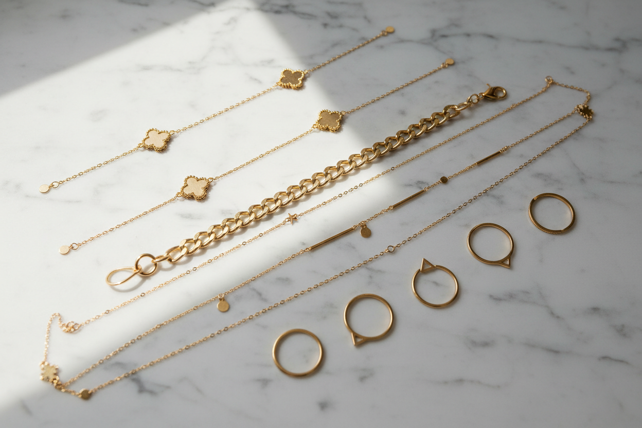 14k gold filled minimalist jewelry flat lay with clover bracelets and Cuban chain